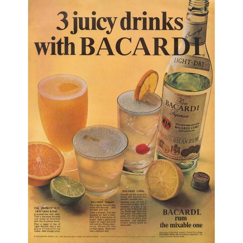 1969 Bacardi Rum Vintage Print Ad 3 Juicy Drinks Cocktail‎ Recipe Bar Art Decor
